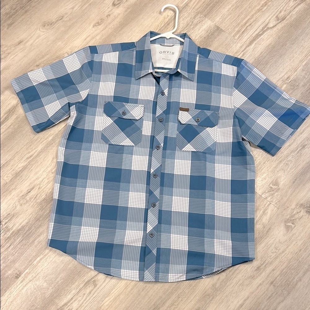 Orvis Classic Collection Blue & White Plaid Men's Button Down SS Casual Shirt L